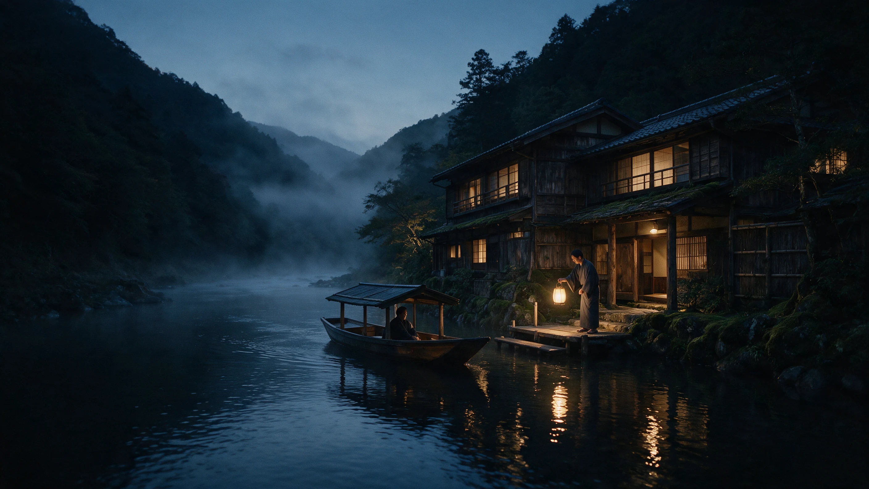夜明けの川を小舟で進み、木造の宿へ向かう旅人
